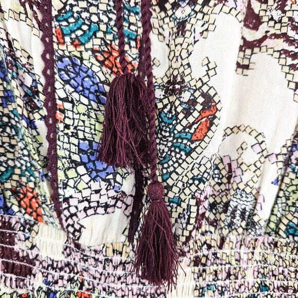 Japna Womens Sz M Vibrant Colorful Print Boho Top Tunic Tassel Hippie Blouse - Picture 5 of 8